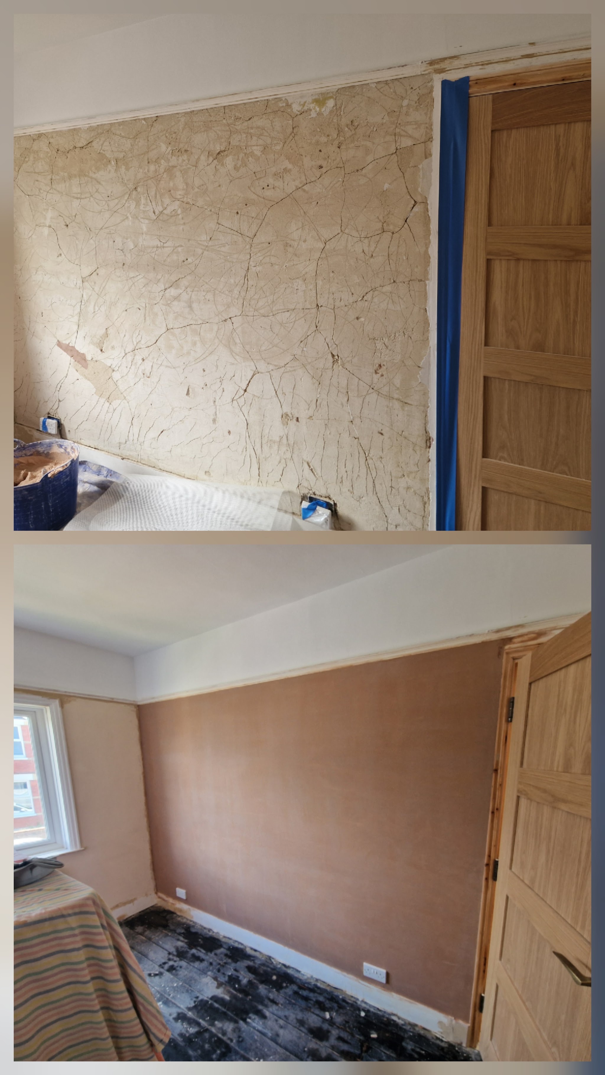 Before and after: a cracked, patchy bedroom wall above, and the same wall freshly plastered below
