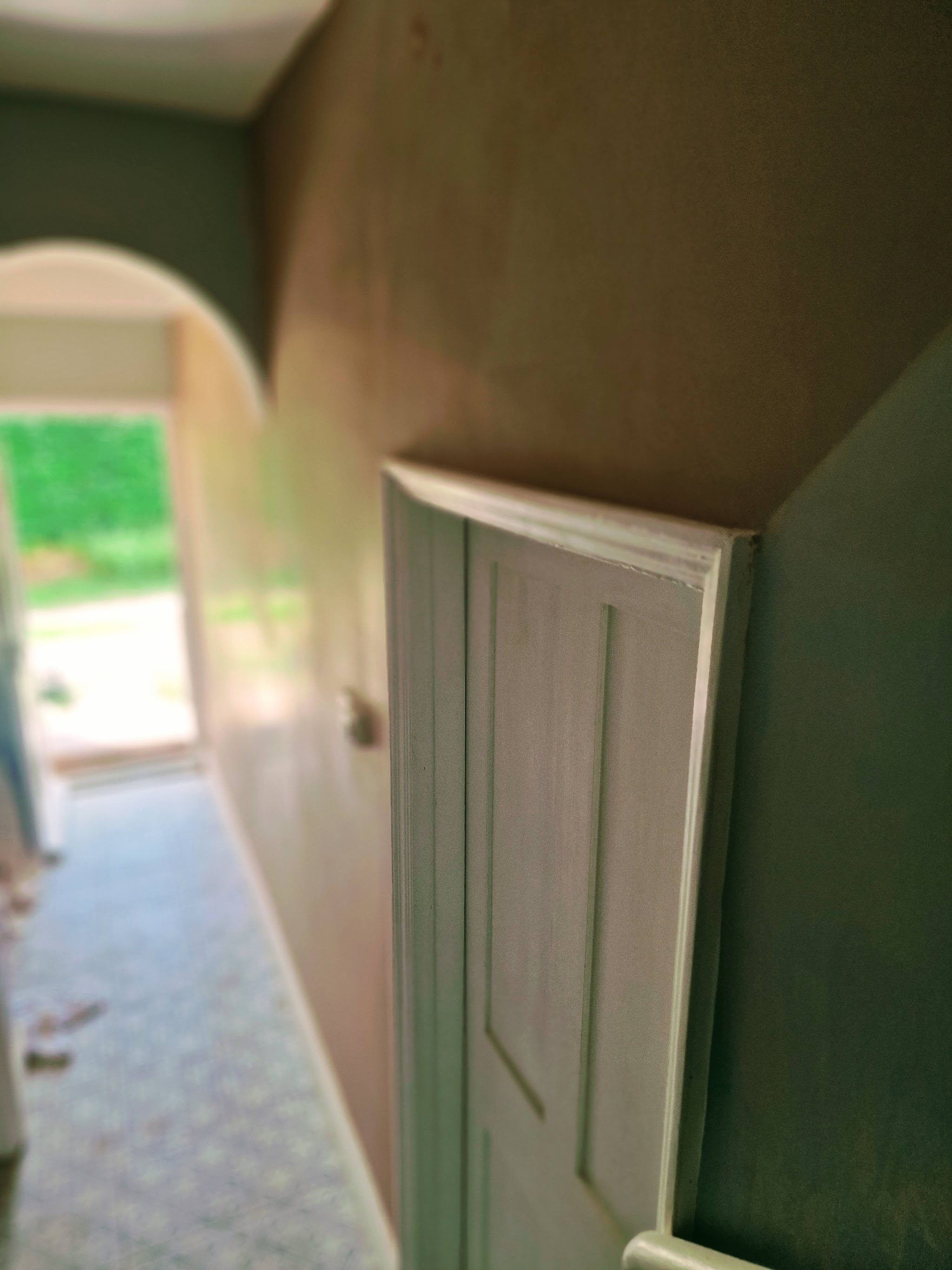 Hallway with an arch, walls painted deep green over the new plaster